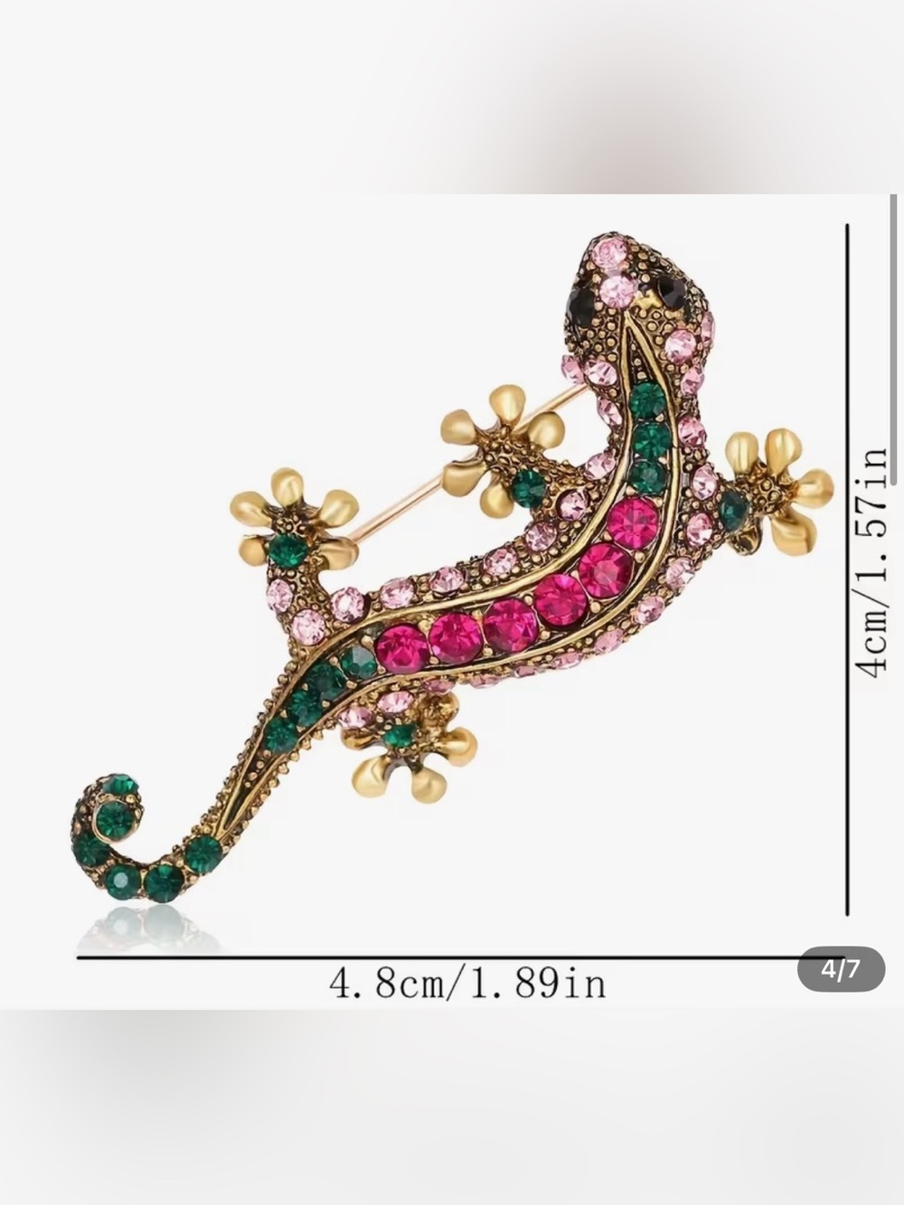 Gold-Tone Pink & Green Crystal Lizard Brooch new - Picture 4 of 6